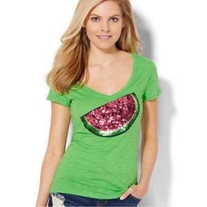 New York & Co. Sequin Watermelon Short Sleeve Tee Size M